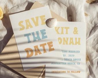 Biglietto Save the Date per matrimonio in spiaggia: modello estivo Canva (download digitale)