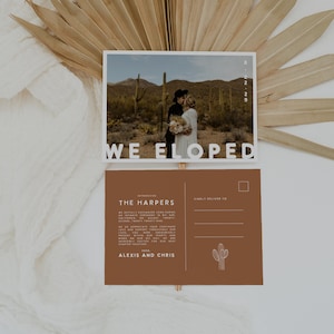 LEANNE Desert Elopement Announcement | We Eloped Postcard with Cactus | Desert We Eloped Card | Instant Digital Download | Canva Template