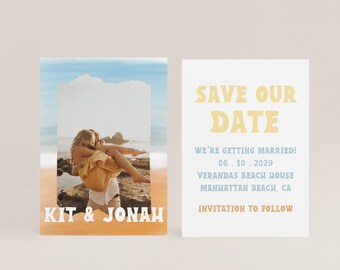 Biglietto di auguri "Save the Date" in stile retrò sulla spiaggia: modello Canva modificabile (download digitale)