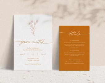 May include: A wedding invitation with a minimalist design featuring a floral illustration and the text "you're invited". The invitation includes the date, location, and details about the wedding.