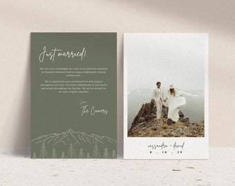 SAGE Hand-Drawn Mountains and Forest Just Married Card | Mountain Just Married Card | Mountain Elopement Announcement | Canva Template