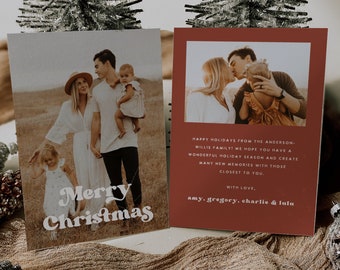 Retro Christmas Card Template | Editable Family Christmas Card | Red Christmas Card | Editable Christmas Card | Canva Template