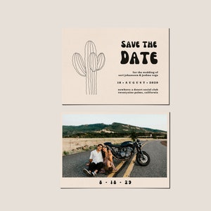 CLEO Desert Save the Date Canva Template | Ręcznie rysowany wzór kaktusa | Retro pustynny ślub | Niepowtarzalny Save the Date | Edytowalny i do druku