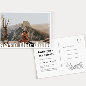 HAZEL Yosemite Enregistrez la carte de date | Sauvez la carte postale de date de Yosemite | Chaîne de montagnes Enregistrez la carte de date | Modèle Canva modifiable