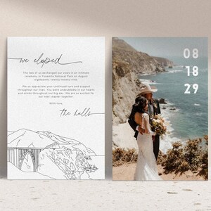 Annonce de fuite de SKYE Big Sur | Carte Big Sur We Eloped dessinée à la main | Big Sur vient de se marier | Téléchargement instantané | Modèle Canva modifiable