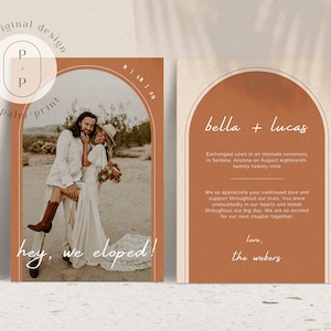 LEANNE Terracotta Elopement Announcement Card | Boho We Eloped Card | Boho Arch Elopement Announcement | Editable Canva Template