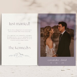 Blue Hour Hand-Drawn Mountain Range We Eloped Card | Mountain We Eloped Card | Mountain Elopement Announcement | Canva Template