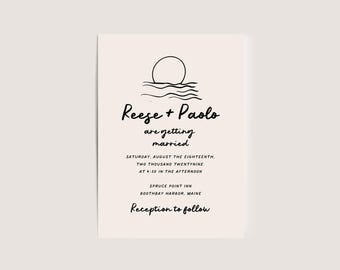 Beach Wedding Invitation Template | Coastal Sunset Design | Hand Drawn Canva Invitation