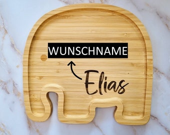 Elefant als Brett mit Gravur personalisiert - Frühstücksbrett / Teller mit Namen - Geschenk zur Taufe - Geschenk Geburt