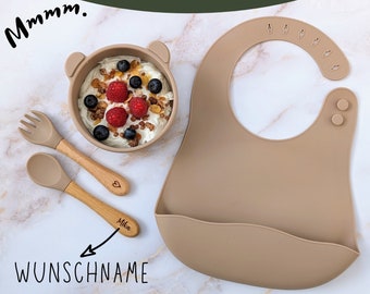 Kinderbesteck, Schüssel und Lätzchen als SET taupe personalisiert - Kindergeschirr, Geschenk Geburt, Babyparty, Taufe, Taufgeschenk