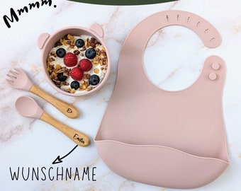 Kinderbesteck, Schüssel und Lätzchen als SET rosa personalisiert - Kindergeschirr, Geschenk Geburt, Babyparty, Taufe, Taufgeschenk