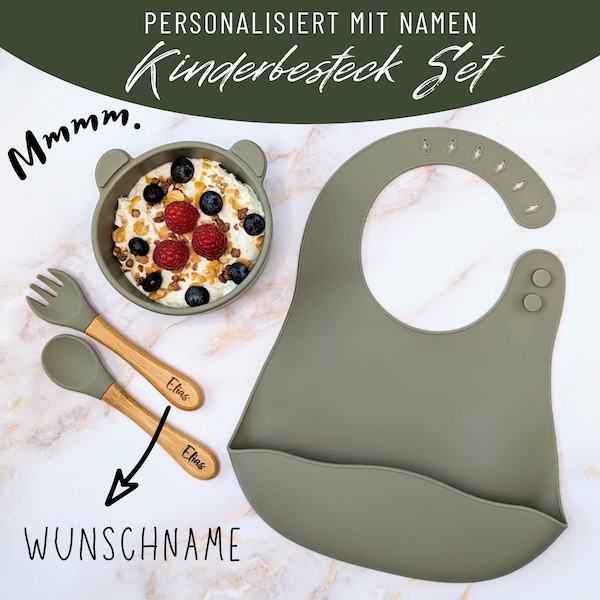 Kinderbesteck, Schüssel und Lätzchen als SET grau personalisiert - Kindergeschirr, Geschenk Geburt, Babyparty, Taufe, Taufgeschenk