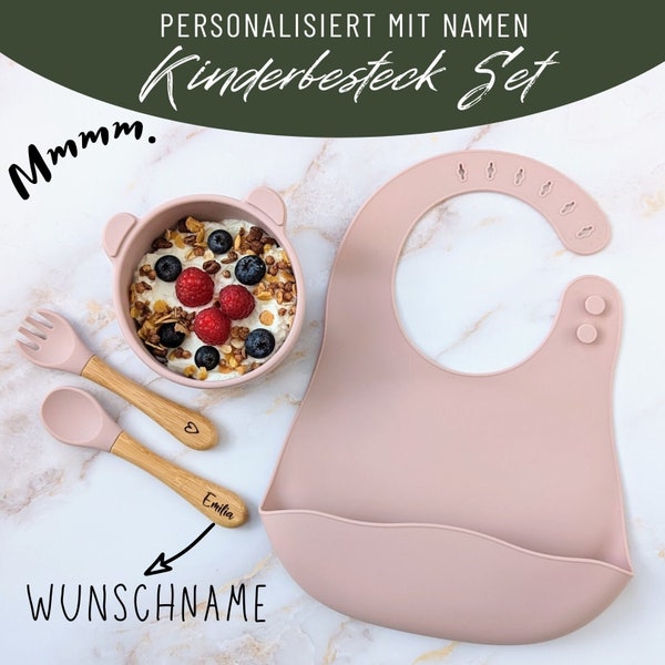 Kinderbesteck, Schüssel und Lätzchen als SET rosa personalisiert - Kindergeschirr, Geschenk Geburt, Babyparty, Taufe, Taufgeschenk