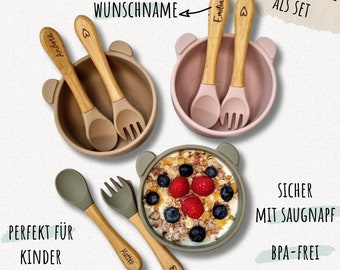 Kindergeschirr personalisiert mit Namen | Schüssel mit Saugnapf & Kinderbesteck mit Gravur (Esslernlöffel - Gabel) | BPA-frei | Babygeschirr