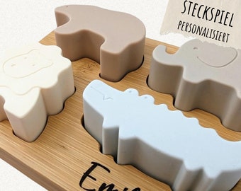 Montessori puzzle personalized name puzzle, animal plug-in game, baby gifts for birth, baby shower baptism gift, baby gift engraved