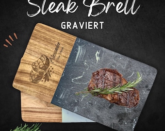 Schneidebrett personalisiert aus Holz & Marmor mit Gravur, personalisierte Geschenkidee Männer, Servierbrett Steak in Premiumqualität