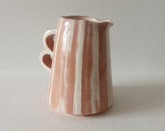 White and beige pitcher in earthenware - Broc with double ceramic handle - Pottery - Striped milk pot - Water, chocolate, coffee - Crafts