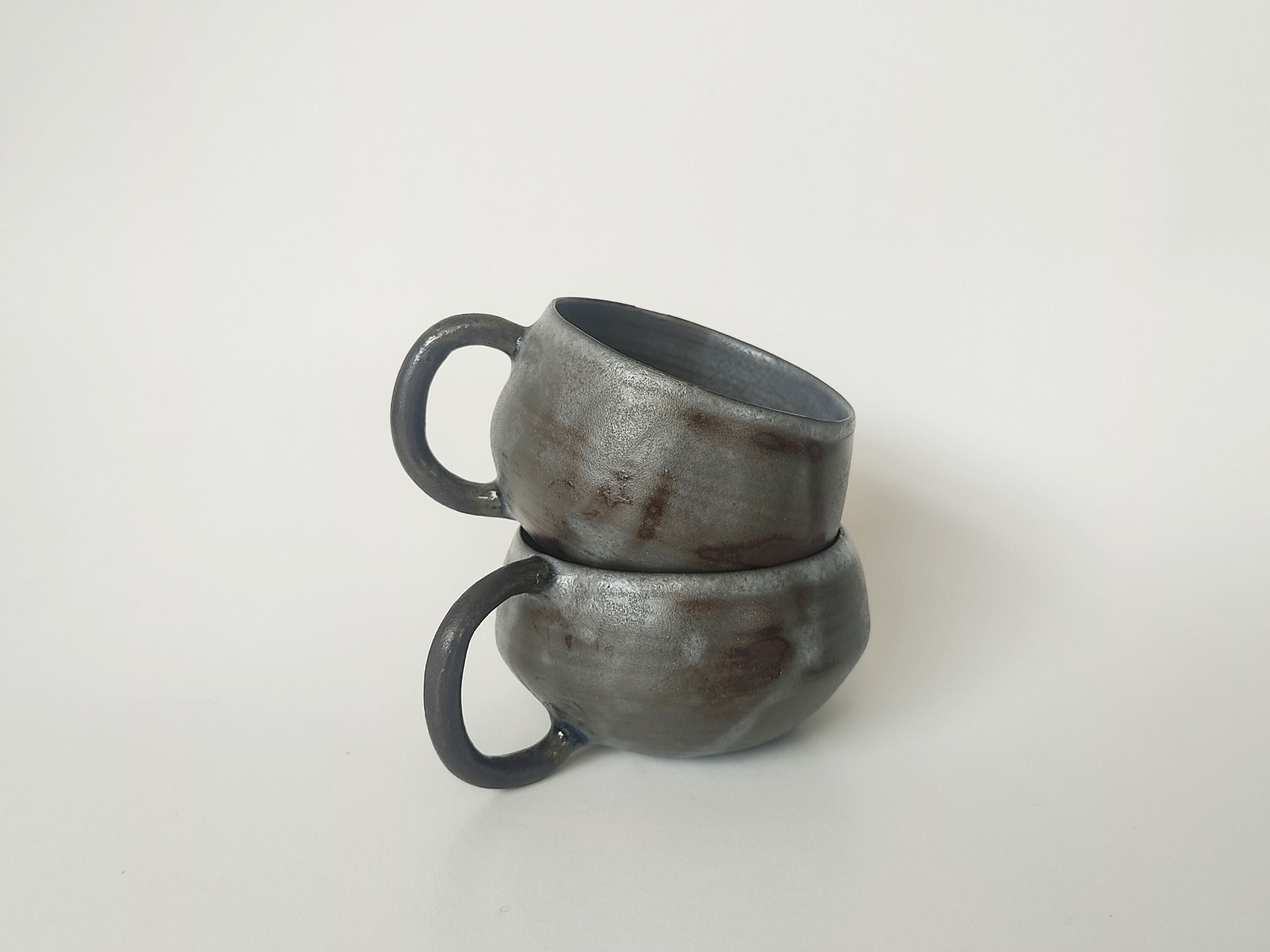 Duo de Tasses à Café en Céramique - Verre Grès Noir avec Anse Mug Gris Marron Blanc Poignée Style Ja