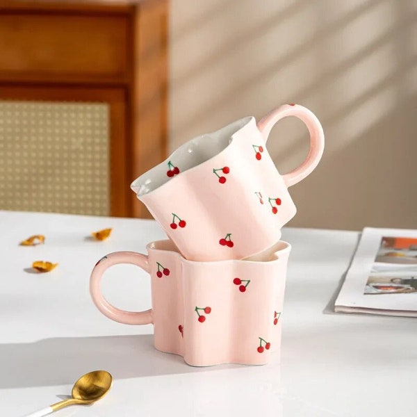 Taza de cereza rosa y roja/ Regalo del día de San Valentín/ Regalo de aniversario para él/ella/ Único/ Café y té/ Taza de cerámica hecha a mano