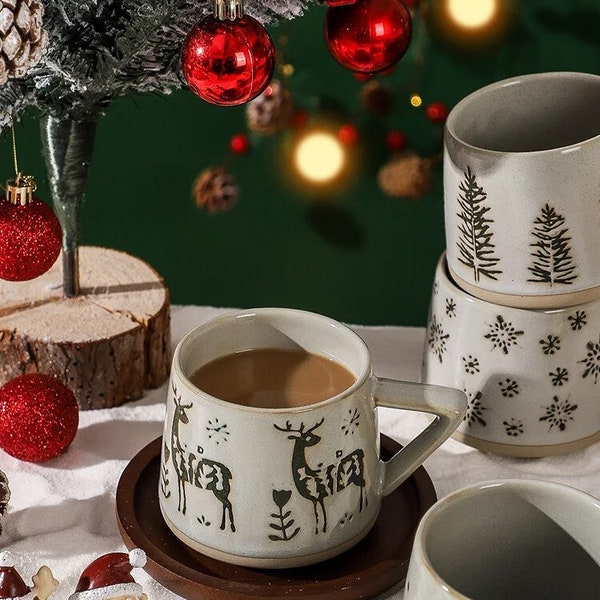 Tasse à café rétro en céramique de Noël | Résistant à la chaleur| Tasse à poignée| Cadeau tasse de Noël | Famille| Cadeaux pour amis| Occasion spéciale