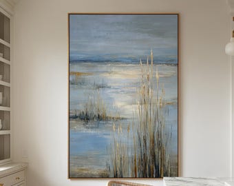 Coastal Marsh Wall Art, Neutral Landscape Painting on Blue Canvas, Large Beach House Decor, Modern Coastal Horizon Art