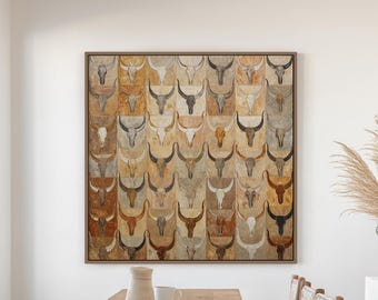 Longhorn Wall Art Framed Canvas – Modern Western Cow Skull Painting in Neutral Rustic Tones | Large Square Texas Decor