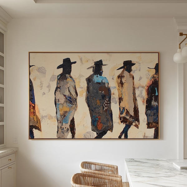 Cowboy Western Wall Art Abstract Figures | Rustic Southwestern Decor | Modern Ranch Living Room Art | Large Framed Canvas