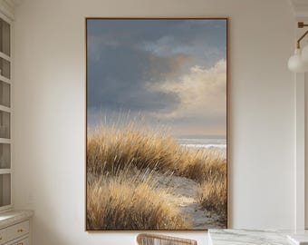 Coastal Wall Art Framed Canvas – Neutral Beach Dune Grass Painting | Modern Coastal Decor | Vertical 2:3 Ocean Wall Art