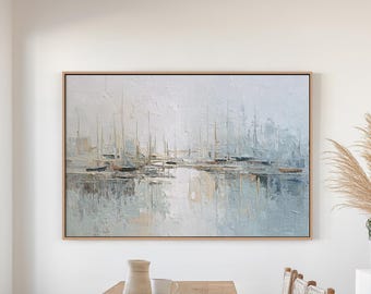Coastal Harbor Wall Art, Abstract Sailboat Marina Painting on Neutral Canvas, Large Modern Seascape Decor, Contemporary Nautical Art
