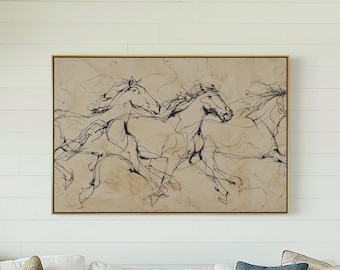 Western Horse Wall Art Line Drawing | Rustic Southwestern Decor | Modern Ranch Living Room Art | Large Framed Canvas