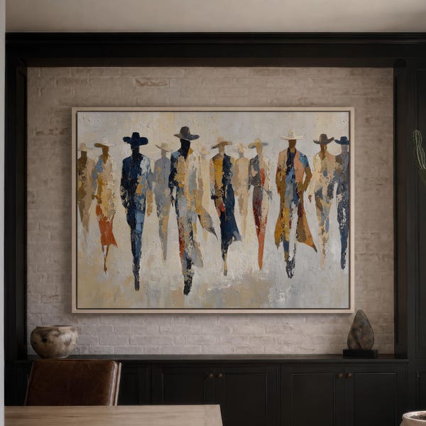 Cowboy Wall Art, Abstract Western Figures Painting on Neutral Canvas, Large Textured-Style Ranch Decor, Modern Southwestern Cowboy Art
