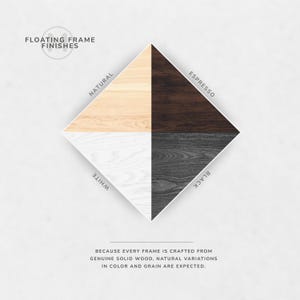 May include: A graphic showcasing four wood finish options for floating frames: natural, espresso, white, and black. The text "FLOATING FRAME FINISHES" is at the top. The bottom text reads, "BECAUSE EVERY FRAME IS CRAFTED FROM GENUINE SOLID WOOD, NATURAL VARIATIONS IN COLOR AND GRAIN ARE EXPECTED."