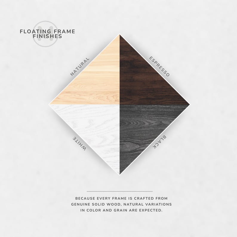 May include: A graphic showcasing four wood finish options for floating frames: natural, espresso, white, and black. The text "FLOATING FRAME FINISHES" is at the top. The bottom text reads, "BECAUSE EVERY FRAME IS CRAFTED FROM GENUINE SOLID WOOD, NATURAL VARIATIONS IN COLOR AND GRAIN ARE EXPECTED."