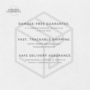 May include: A graphic with text on a light gray background. The text includes "SHIPPING GUARANTEE", "DAMAGE-FREE GUARANTEE", "FAST, TRACKABLE SHIPPING", and "SAFE DELIVERY ASSURANCE". The text is inside a stylized box.