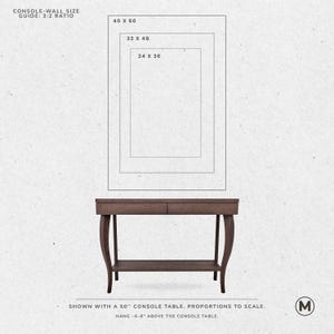 May include: A dark brown console table with two drawers and a lower shelf, shown with three rectangular frame size guides: 40 x 60 inches, 32 x 48 inches, and 24 x 36 inches. Text indicates the table is 50 inches wide.