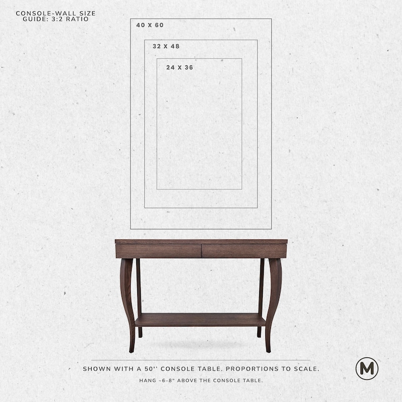 May include: A dark brown console table with two drawers and a lower shelf, shown with three rectangular frame size guides: 40 x 60 inches, 32 x 48 inches, and 24 x 36 inches. Text indicates the table is 50 inches wide.