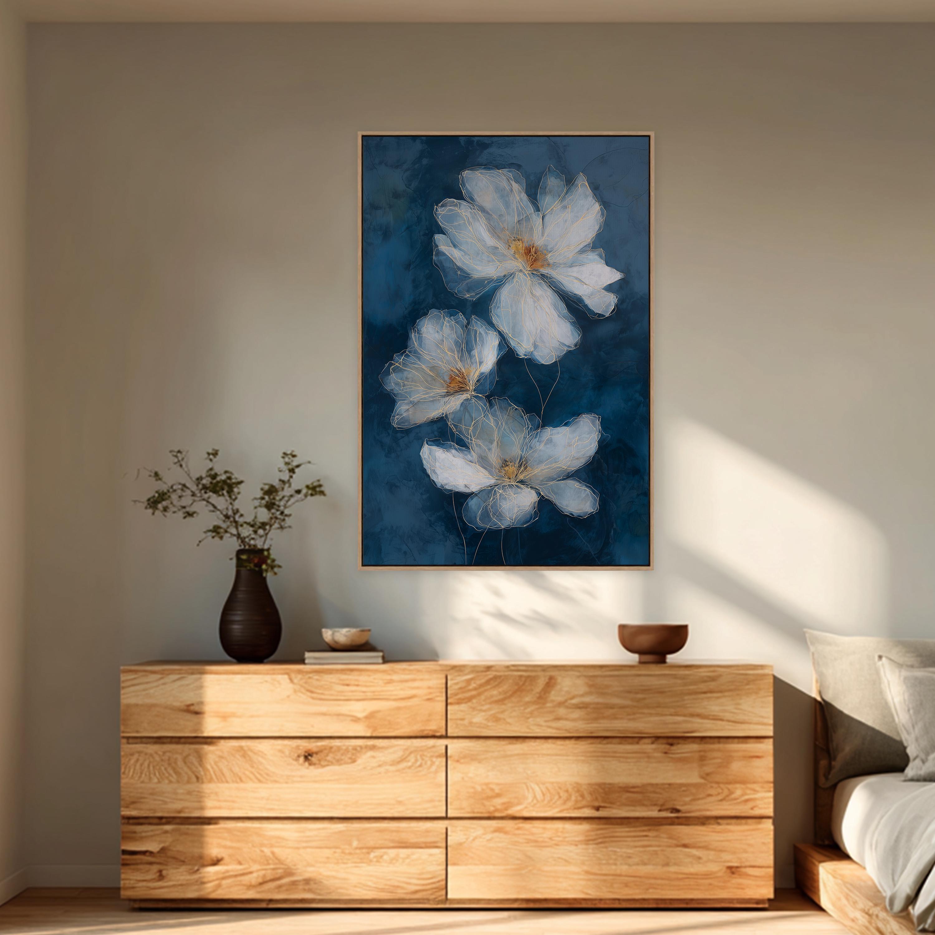 Navy Blue Floral Wall Art, Modern White Flower Artwork With Gold Line ...