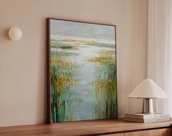 Coastal Landscape Wall Art, Ocean Marsh Painting on Neutral Canvas, Large Beach House Decor, Modern Coastal Horizon Art