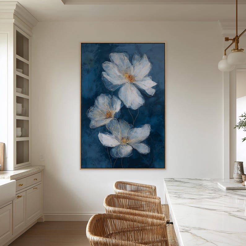 Navy Blue Floral Wall Art, Modern White Flower Artwork With Gold Line ...