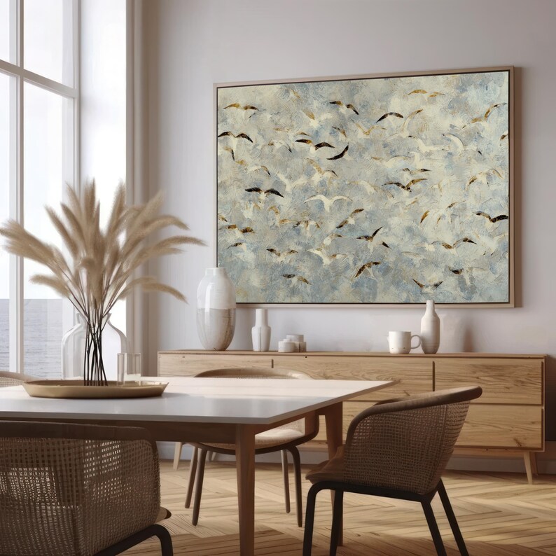 Coastal Bird Wall Art, Abstract Birds in Flight Painting on Neutral ...
