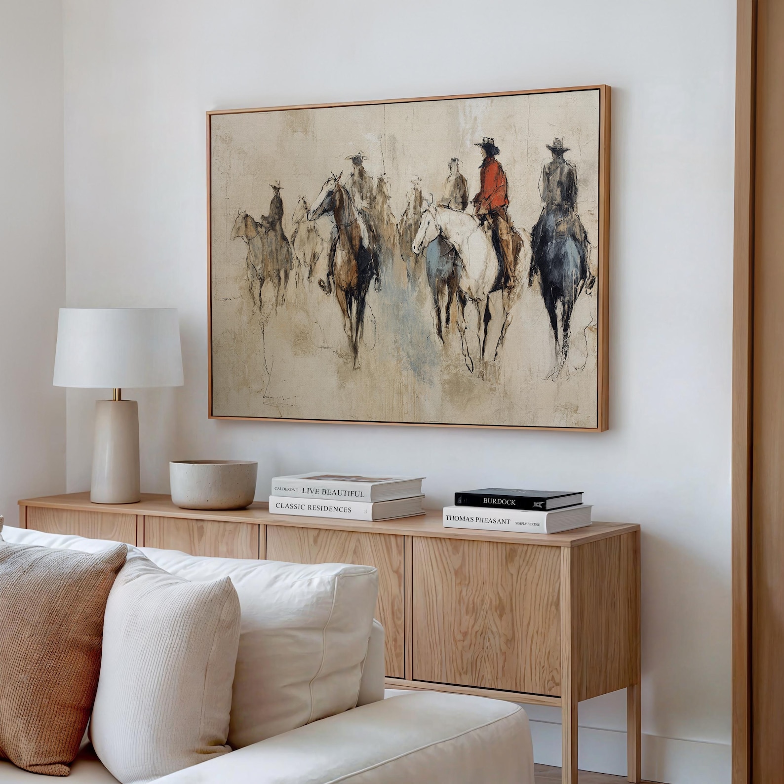 Western Cowboy Wall Art, Cowboys on Horseback Painting, Large Neutral