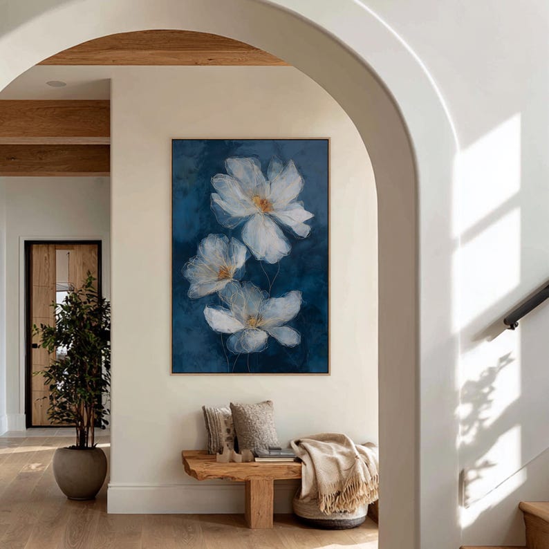 Navy Blue Floral Wall Art, Modern White Flower Artwork With Gold Line ...