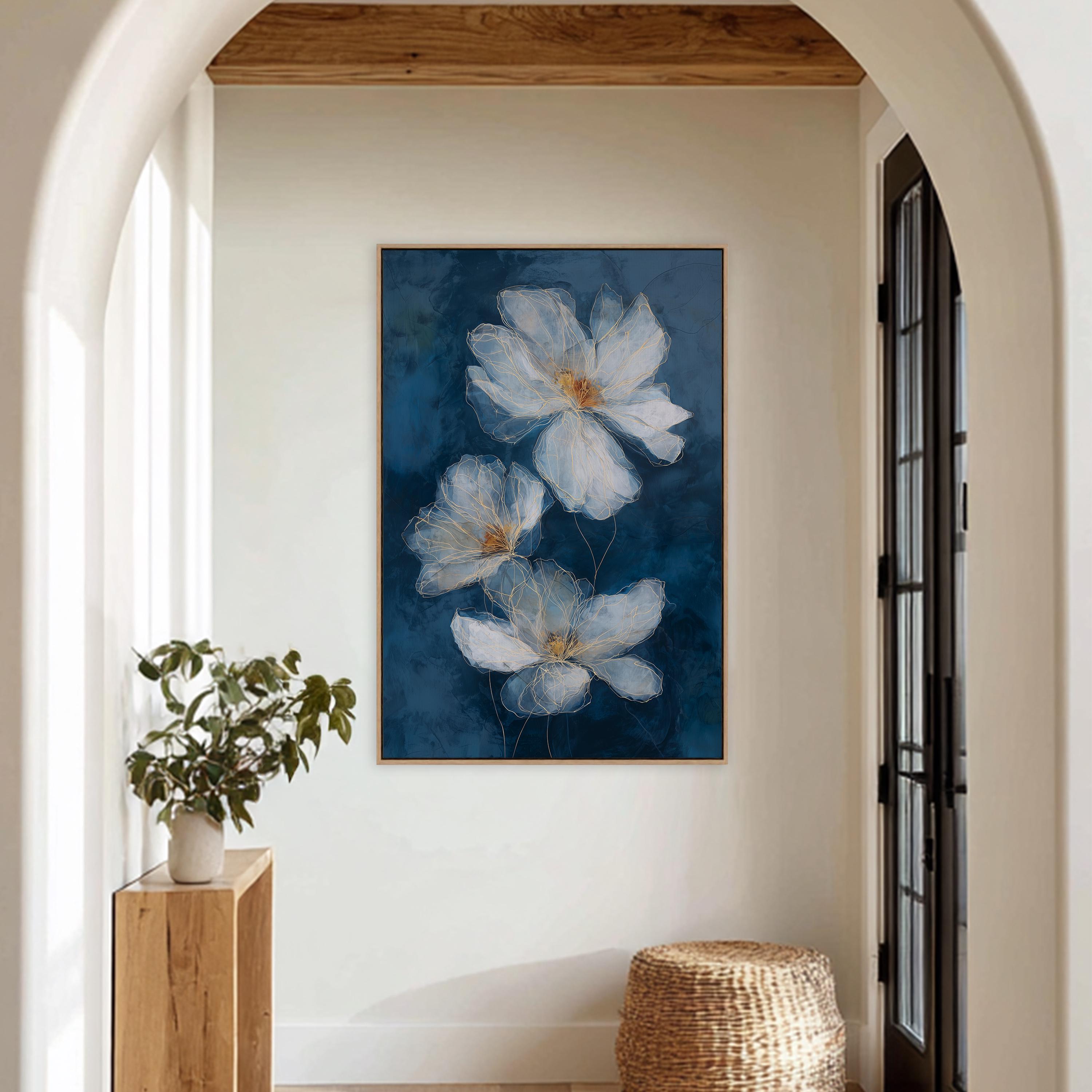 Navy Blue Floral Wall Art, Modern White Flower Artwork With Gold Line ...