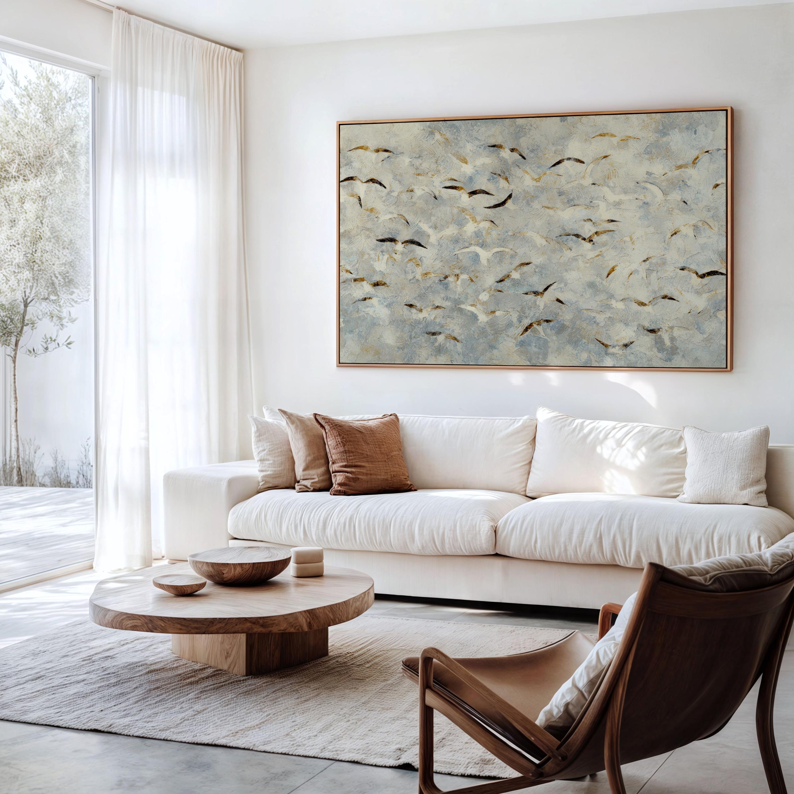 Coastal Bird Wall Art, Abstract Birds in Flight Painting on Neutral ...
