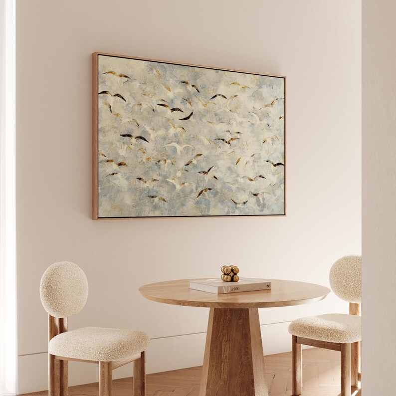 Coastal Bird Wall Art, Abstract Birds in Flight Painting on Neutral ...