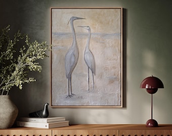 Blue Heron Wall Art, Coastal Marsh Bird Painting on Neutral Canvas, Large Beach House Decor, Modern Coastal Nature Art