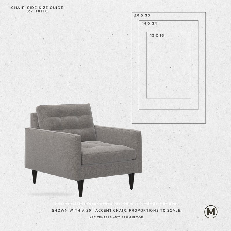 May include: A gray accent chair with black legs is shown next to a size guide for art prints. The guide displays three rectangular outlines labeled 12x18, 16x24, and 20x30. Text reads "Chair-Side Size Guide: 3:2 Ratio" and "Shown with a 30" accent chair."