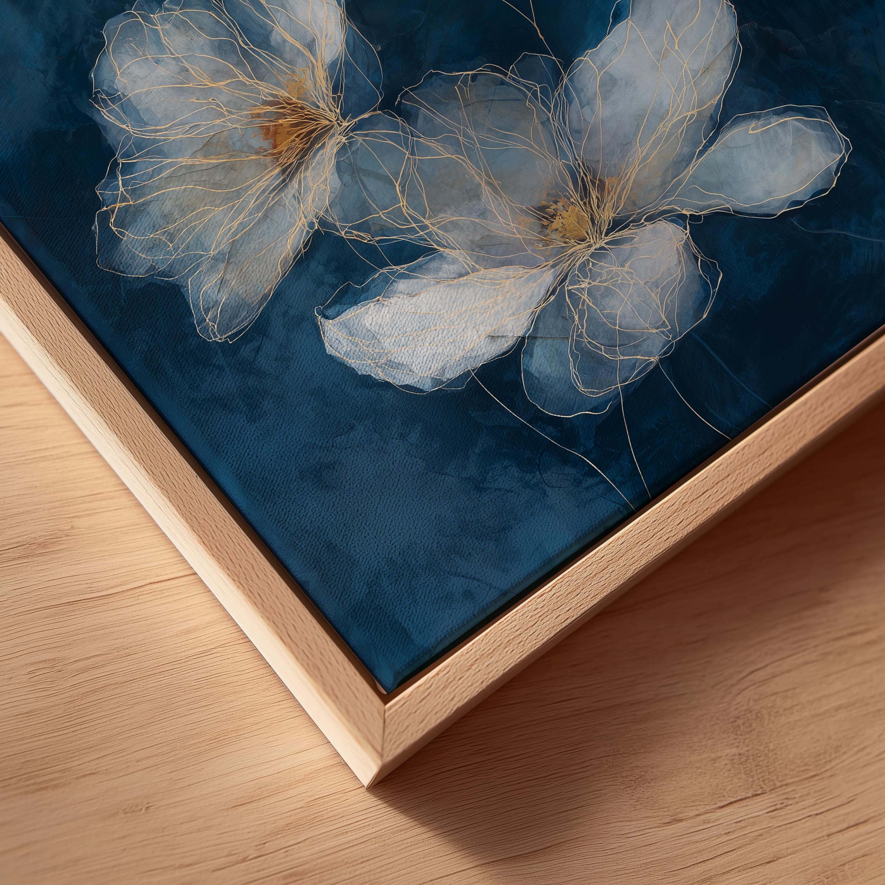Navy Blue Floral Wall Art, Modern White Flower Artwork With Gold Line ...