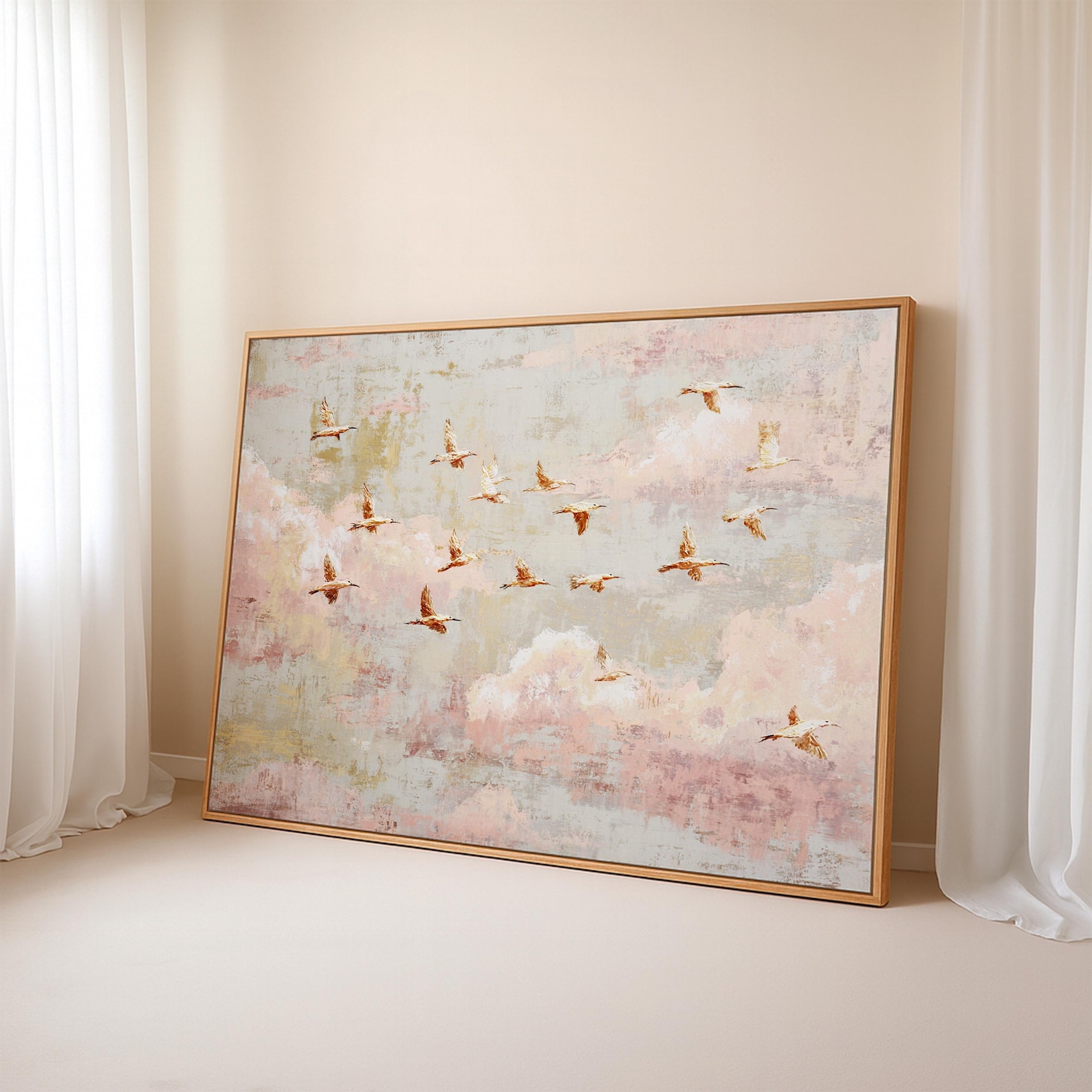 Pink Birds in Flight Wall Art, Blush Pastel Sky Painting on Neutral