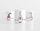 Christmas white ceramic diner mug with gnomes design, nordic style mug. Perfect as holiday coffee latte cup. Three merry gnomes.